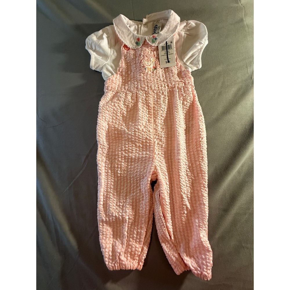 JoJo Maman Bebe Pink Seersucker Duck Overalls & Cream Top Set Baby 6-12M NWOT - Picture 1 of 3